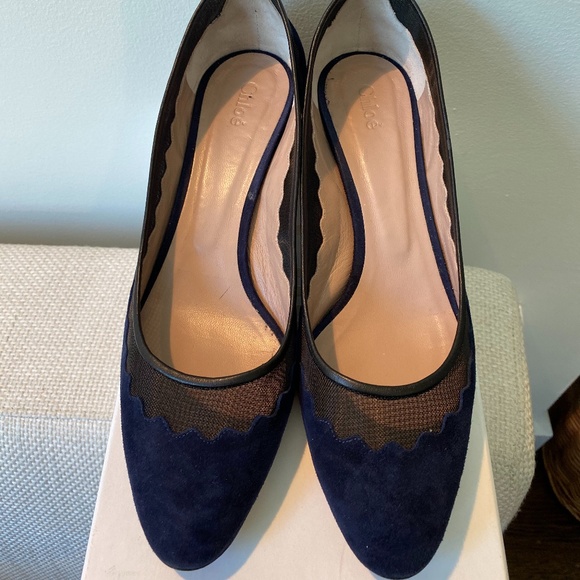 Chloe Scalloped Suede Leather Pumps 39NavyBridget - Picture 3 of 6